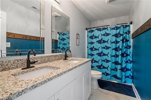 bathroom featuring vanity, a shower with curtain, and toilet