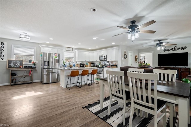 dining room featuring a healthy amount of sunlight, sink, and light wood-type flooring