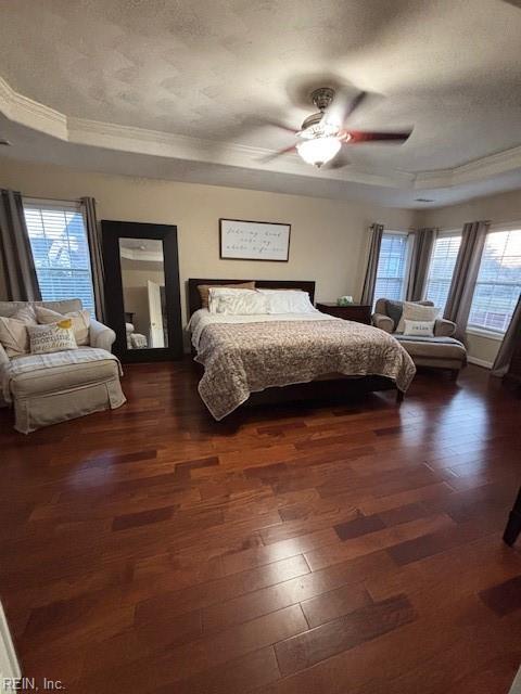 bedroom featuring dark hardwood / wood-style flooring, multiple windows, a raised ceiling, and a textured ceiling