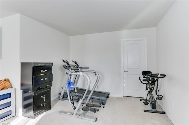 exercise area featuring light colored carpet