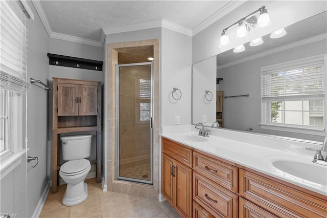 bathroom with tile patterned flooring, ornamental molding, an enclosed shower, and toilet