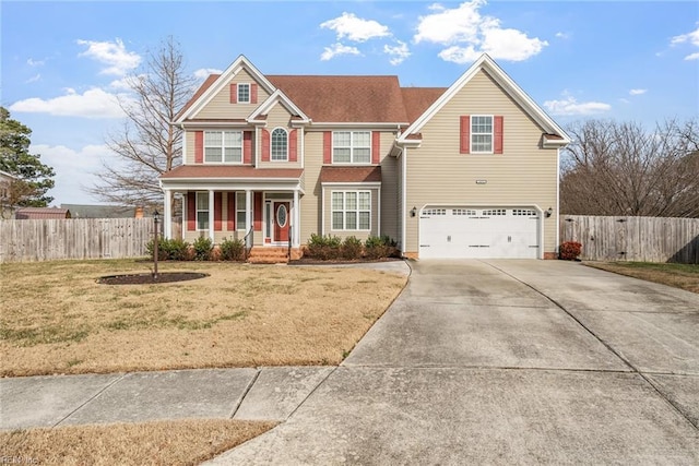 view of front of home featuring a garage, covered porch, and a front lawn