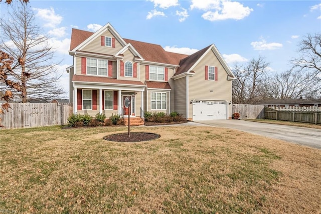 view of front of house with a porch, a garage, and a front yard