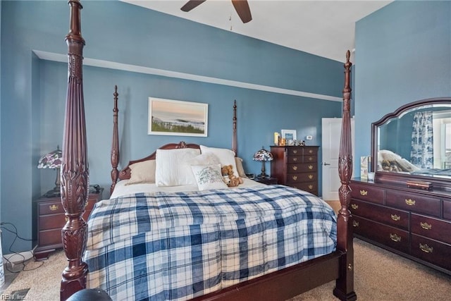 bedroom with light carpet and ceiling fan