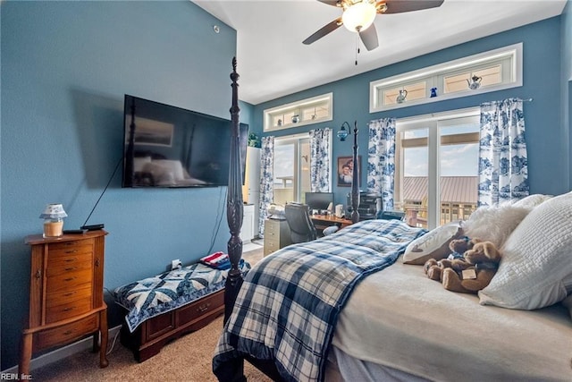 carpeted bedroom featuring access to outside and ceiling fan