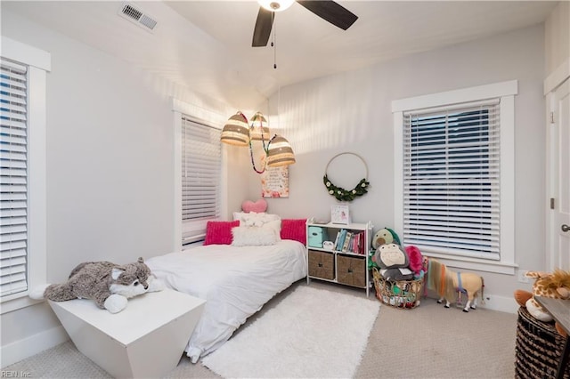 bedroom with ceiling fan and carpet