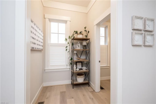 doorway to outside with crown molding and light hardwood / wood-style floors