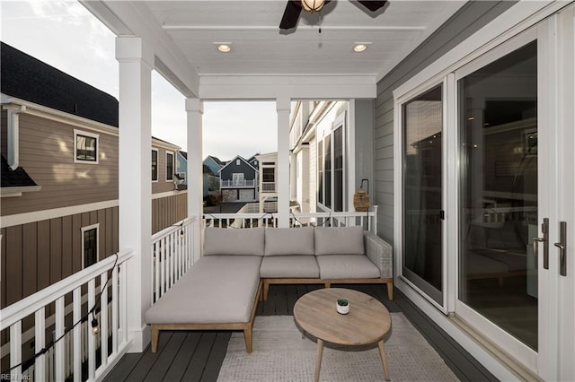 balcony with ceiling fan and an outdoor hangout area