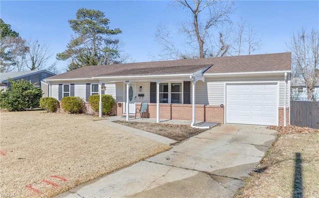 single story home featuring a garage and covered porch