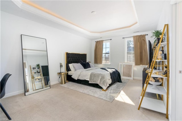 carpeted bedroom featuring a raised ceiling