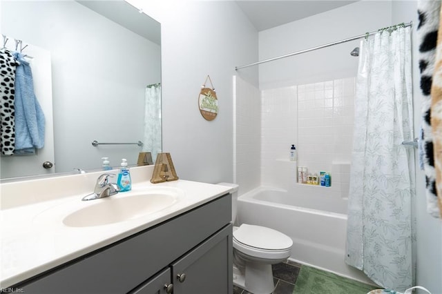 full bathroom with vanity, tile patterned flooring, toilet, and shower / tub combo with curtain