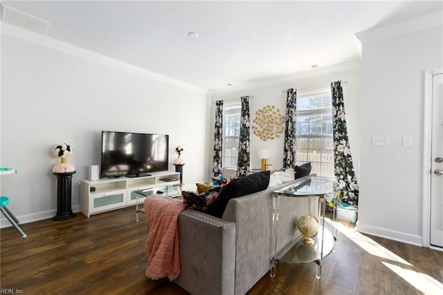 living room with crown molding and dark wood-type flooring