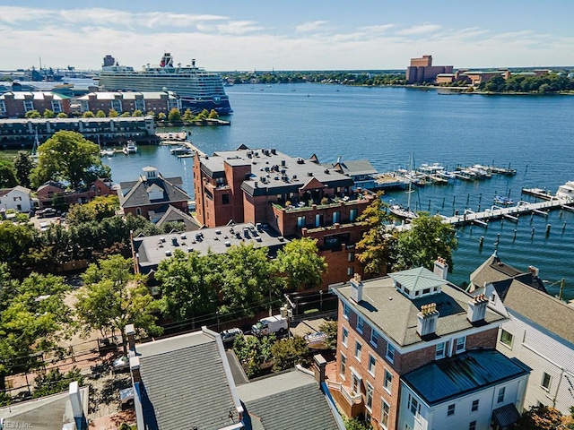 drone / aerial view with a water view