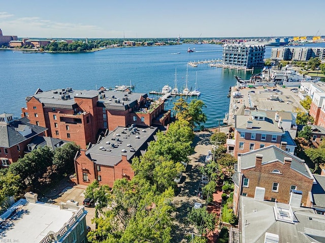 bird's eye view with a water view