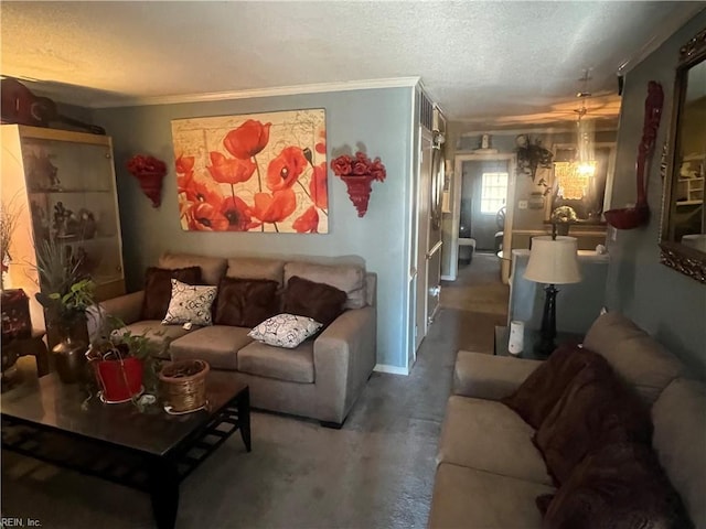 living room with ornamental molding and a textured ceiling