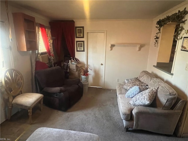 living area featuring cooling unit and carpet flooring