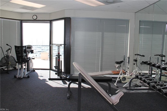 workout area featuring a paneled ceiling