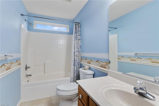 full bathroom featuring vanity, tile patterned flooring, shower / bath combination with curtain, and toilet