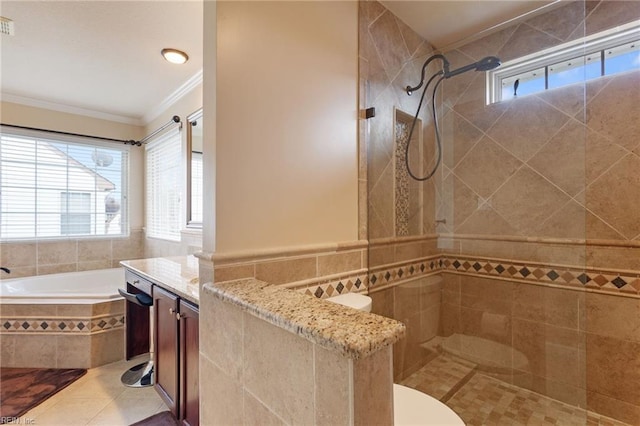 full bathroom featuring crown molding, vanity, separate shower and tub, and plenty of natural light