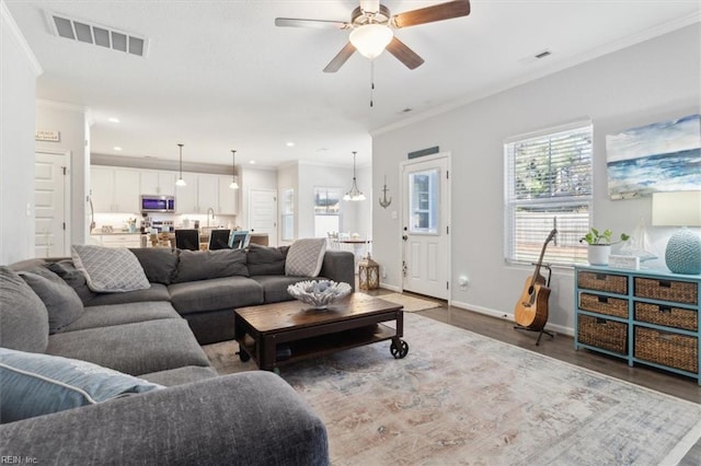 living room featuring crown molding, ceiling fan, dark hardwood / wood-style flooring, and sink