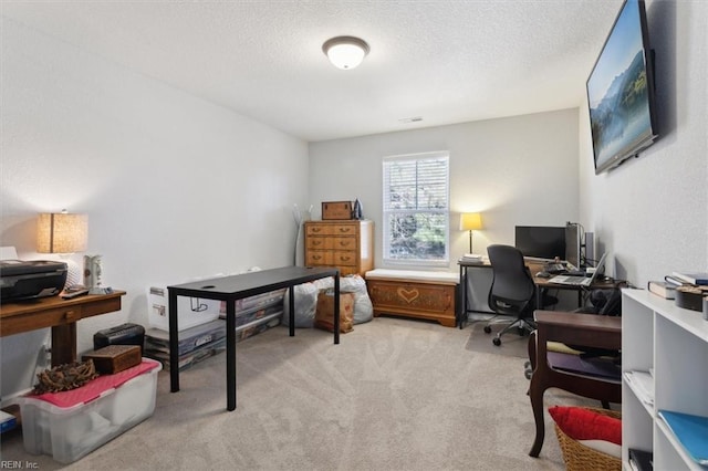 carpeted office space featuring a textured ceiling