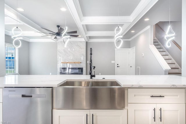 1829 Broadstreet Rd, Hampton, VA 23666 - kitchen with stainless steel dishwasher, a sink, coffered ceiling, light stone counters, and ceiling fan
