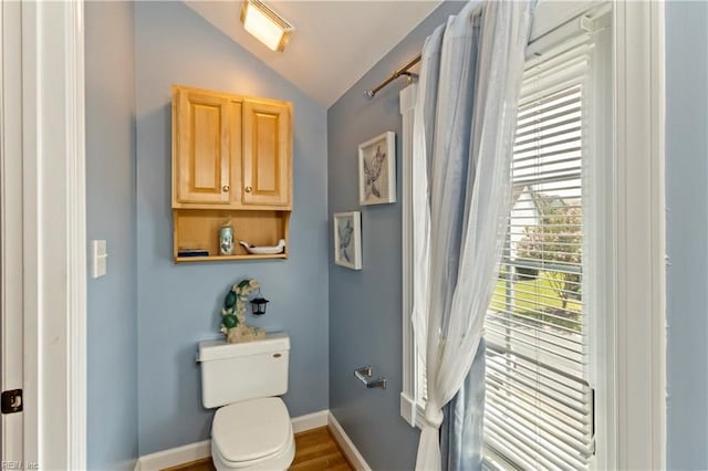 bathroom featuring lofted ceiling and toilet