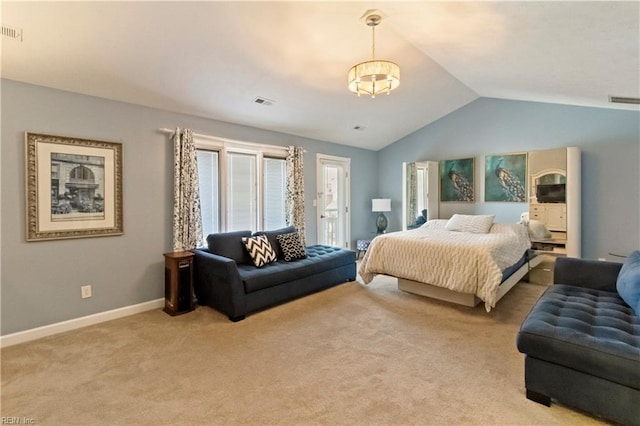 bedroom with lofted ceiling, access to outside, and light colored carpet