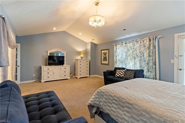 carpeted bedroom featuring lofted ceiling