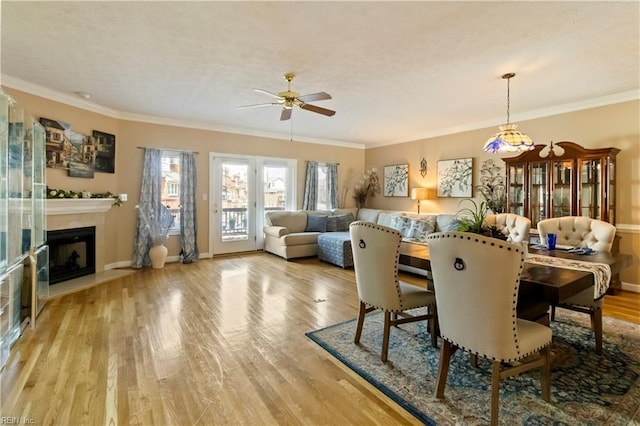 dining area with ceiling fan, ornamental molding, and light hardwood / wood-style flooring