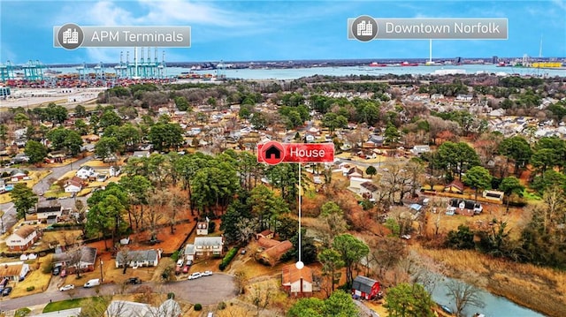 birds eye view of property featuring a water view