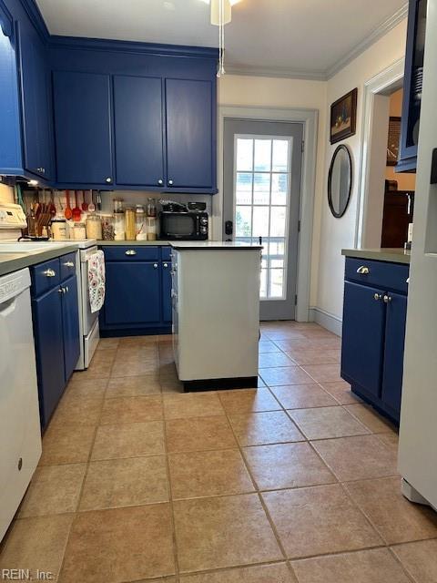 kitchen with white dishwasher, light tile patterned floors, crown molding, and blue cabinetry