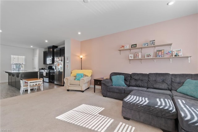 carpeted living room featuring sink