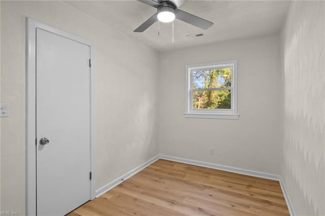 empty room featuring ceiling fan and light hardwood / wood-style floors