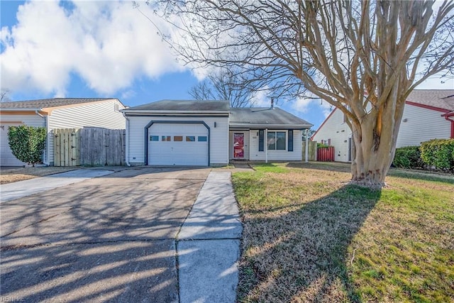 single story home with a garage and a front yard