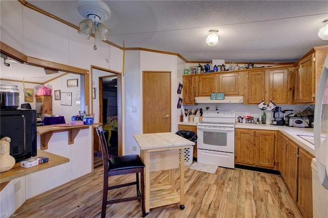 kitchen with lofted ceiling, ornamental molding, white electric stove, and light hardwood / wood-style flooring