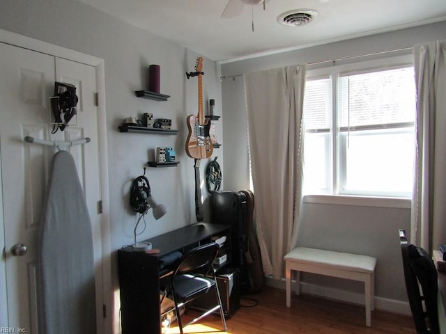 office area featuring hardwood / wood-style flooring and ceiling fan