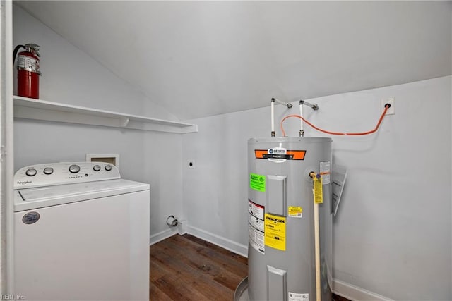 washroom with washer / dryer, dark wood-type flooring, and electric water heater