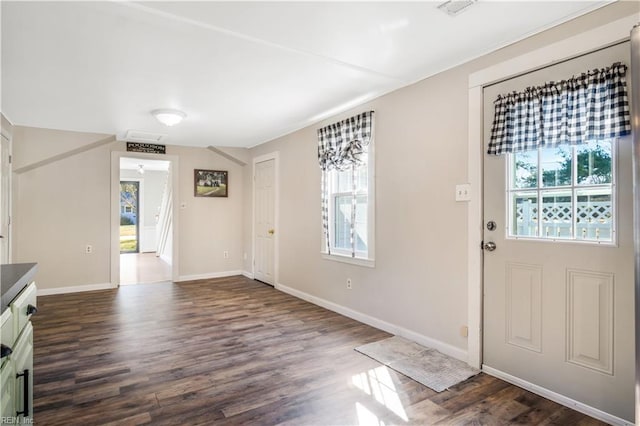 foyer entrance with dark hardwood / wood-style flooring and a healthy amount of sunlight