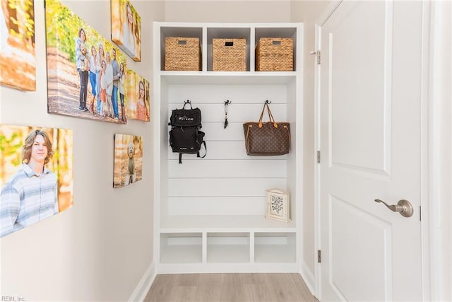 mudroom with light hardwood / wood-style flooring