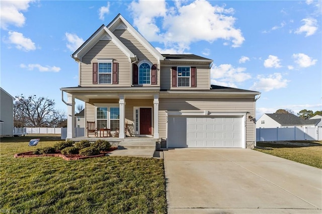 view of front of property featuring a garage, covered porch, and a front lawn