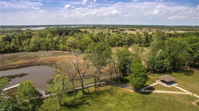 drone / aerial view featuring a water view and a rural view