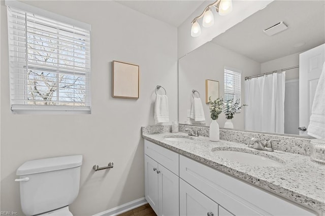 bathroom with vanity, toilet, and walk in shower