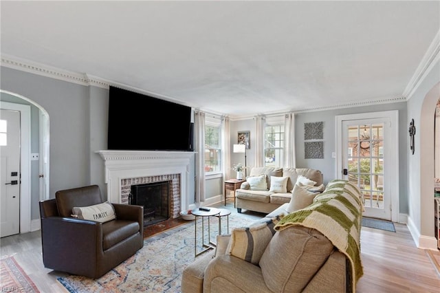 living room featuring crown molding, a fireplace, and light hardwood / wood-style floors