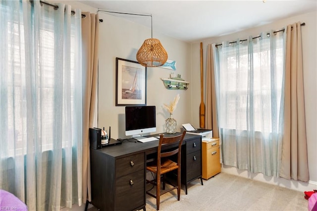 home office featuring light colored carpet