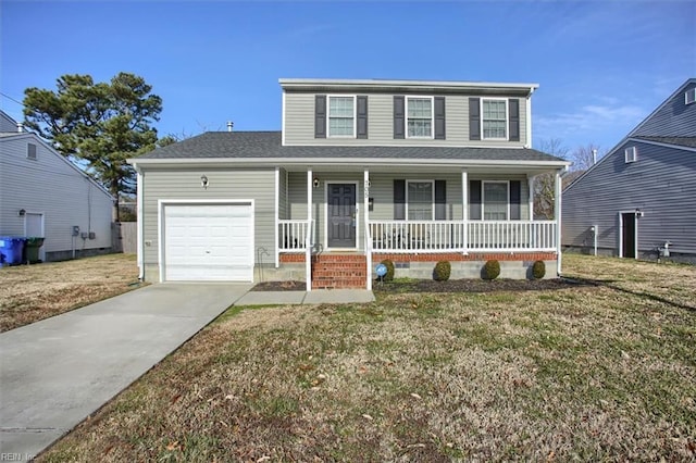 view of front of property with a garage, a front yard, and covered porch