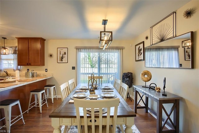 dining space with dark wood-type flooring and sink