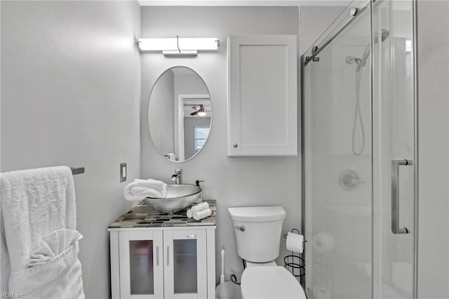 bathroom featuring vanity, toilet, and a shower with shower door