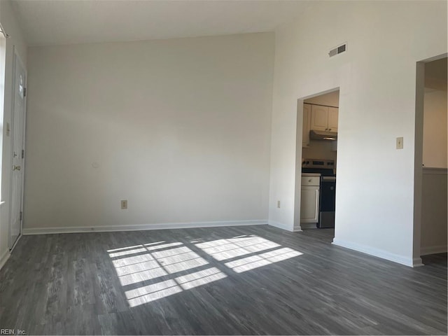 interior space featuring dark wood-type flooring and a high ceiling