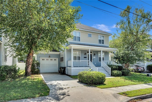 traditional style home featuring covered porch, concrete driveway, and a front yard